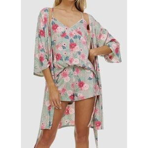 Flora Nikrooz Jacqueline Travel Set Sz L Sage Floral 3 Pc Robe Cami Shorts NEW